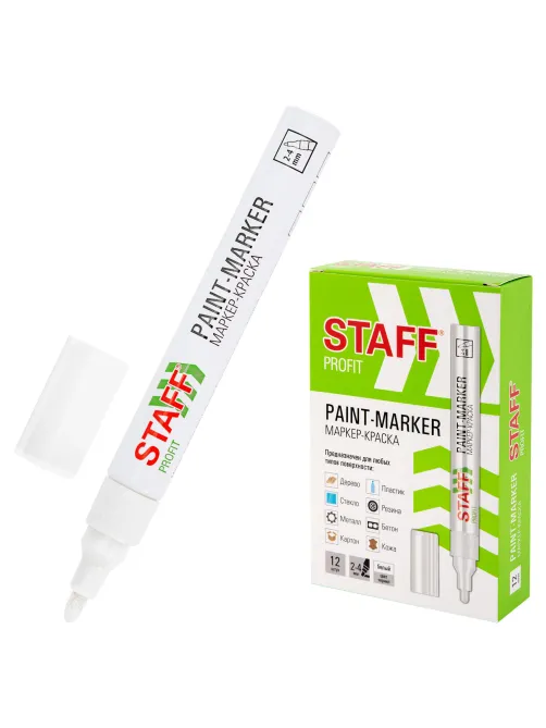 Маркер-краска лаковый (paint marker) 2-4 мм, БЕЛЫЙ, НИТРО-ОСНОВА, STAFF PROFIT, для любых поверхностей, 152577