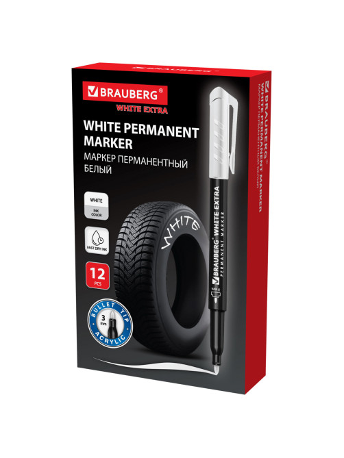 Маркер перманентный BRAUBERG WHITE EXTRA, БЕЛЫЙ, круглый наконечник 3 мм, 152488