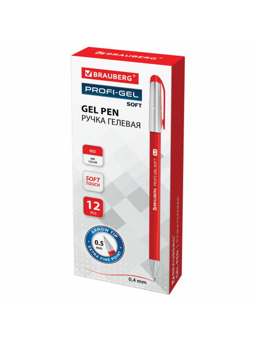 Ручка гелевая BRAUBERG Profi-Gel SOFT, КРАСНАЯ, линия письма 0,4 мм, стандартный наконечник 0,5 мм, прорезиненный корпус SOFT-TOUCH, 144131