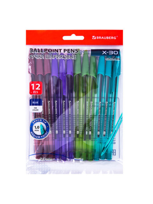Ручки шариковые BRAUBERG X-30 COLOR MIX, КОМПЛЕКТ 12 ШТ., СИНИЕ, пишущий узел 1 мм, линия письма 0,5 мм, 144336