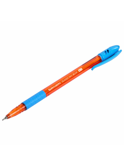 Ручка шариковая масляная с грипом BRAUBERG GLASSY SKY BLUE, СВЕТЛО-СИНЯЯ, узел 0,7 мм, линия письма 0,35 мм, 144107