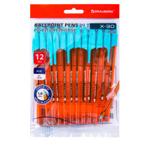 Ручки шариковые BRAUBERG X-30 ORANGE, КОМПЛЕКТ 12 шт., СИНИЕ, пишущий узел 1 мм, линия письма 0,5 мм, 144334