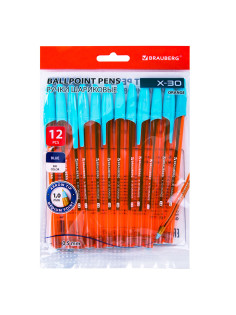 Ручки шариковые BRAUBERG X-30 ORANGE, КОМПЛЕКТ 12 шт., СИНИЕ, пишущий узел 1 мм, линия письма 0,5 мм, 144334