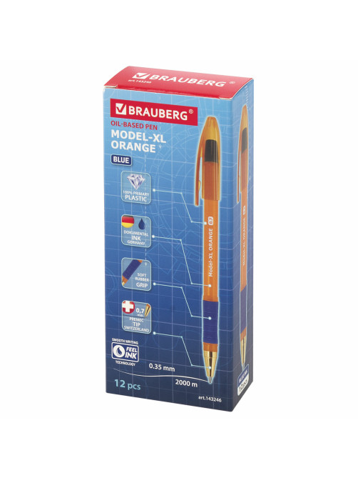 Ручка шариковая масляная с грипом BRAUBERG Model-XL ORANGE, СИНЯЯ, узел 0,7 мм, линия 0,35 мм, 143246