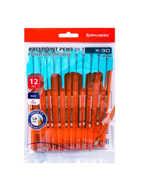 Ручки шариковые BRAUBERG X-30 ORANGE, КОМПЛЕКТ 12 шт., СИНИЕ, пишущий узел 1 мм, линия письма 0,5 мм, 144334
