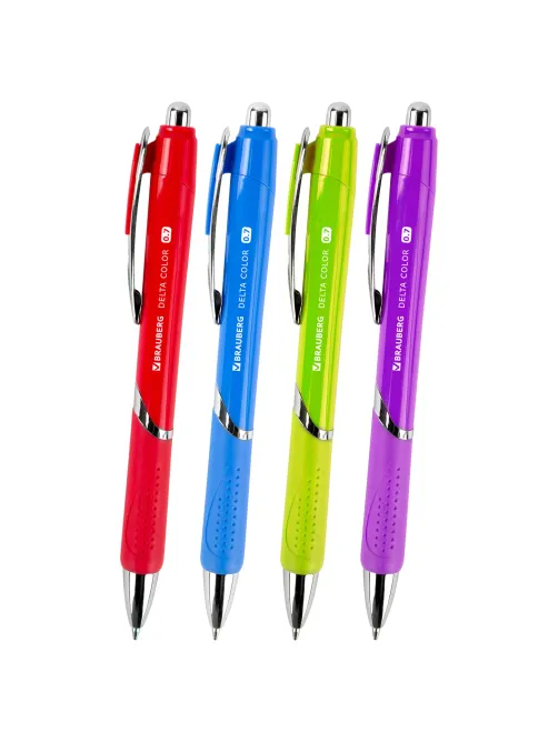 Ручка шариковая автоматическая с грипом BRAUBERG DELTA COLOR, СИНЯЯ, ассорти, узел 0,7 мм, линия письма 0,35 мм, 144202