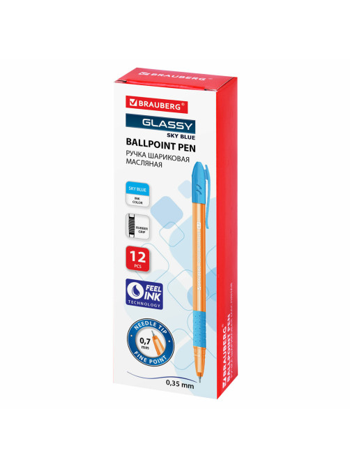 Ручка шариковая масляная с грипом BRAUBERG GLASSY SKY BLUE, СВЕТЛО-СИНЯЯ, узел 0,7 мм, линия письма 0,35 мм, 144107