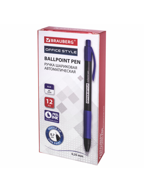 Ручка шариковая автоматическая с грипом BRAUBERG OFFICE STYLE, СИНЯЯ, игольчатый наконечник 0,7мм, линия 0,35мм, тонированный корпус, 144210
