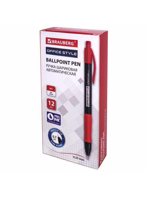Ручка шариковая автоматическая с грипом BRAUBERG OFFICE STYLE, КРАСНАЯ, узел 0,7 мм, линия 0,35 мм, тонированный корпус, 144211