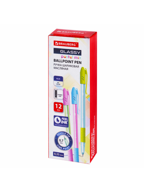 Ручка шариковая масляная с грипом BRAUBERG GLASSY PASTEL MIX, СИНЯЯ, корпус ассорти, линия 0,35 мм,144105