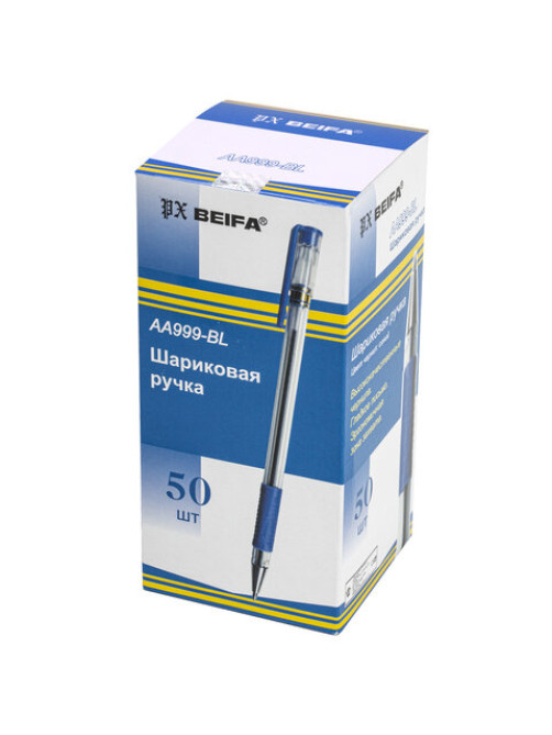 Ручка шариковая с грипом BEIFA (Бэйфа), СИНЯЯ, корпус прозрачный, узел 0,7 мм, линия письма 0,5 мм, AA999-BL