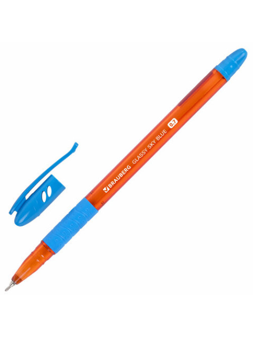 Ручка шариковая масляная с грипом BRAUBERG GLASSY SKY BLUE, СВЕТЛО-СИНЯЯ, узел 0,7 мм, линия письма 0,35 мм, 144107