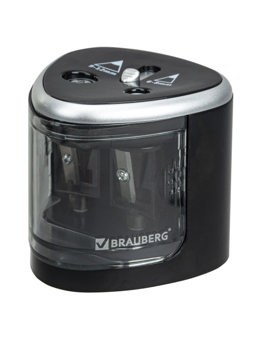 Точилка электрическая BRAUBERG DUAL (для 2 диаметров карандашей!), 4 батарейки АА, черная, 270581