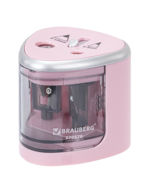 Точилка электрическая BRAUBERG DUAL (для 2 диаметров карандашей!), 4 батарейки АА, розовая, 270579