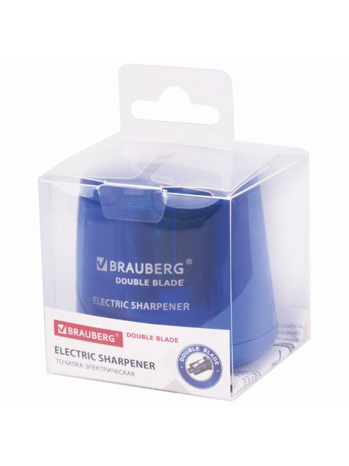 Точилка электрическая BRAUBERG DOUBLE BLADE BLUE, двойное лезвие, питание от 2 батареек AA, 229605