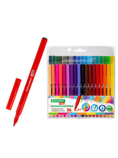 Фломастеры BRAUBERG KIDS КЛАССИЧЕСКИЕ 36 цветов, вентилируемый колпачок, ПВХ-упаковка, 152603