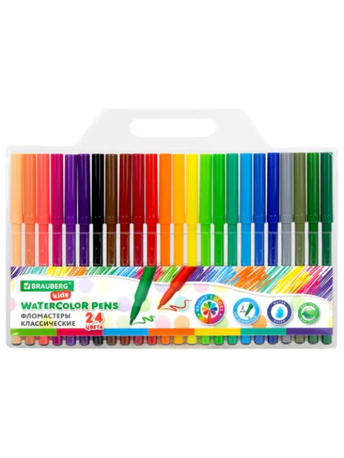 Фломастеры BRAUBERG KIDS КЛАССИЧЕСКИЕ 24 цвета, вентилируемый колпачок, ПВХ-упаковка, 152602
