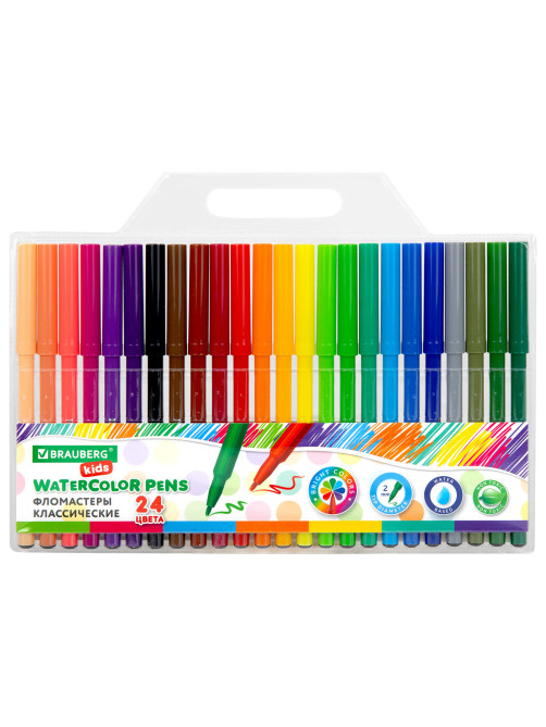 Фломастеры BRAUBERG KIDS КЛАССИЧЕСКИЕ 24 цвета, вентилируемый колпачок, ПВХ-упаковка, 152602