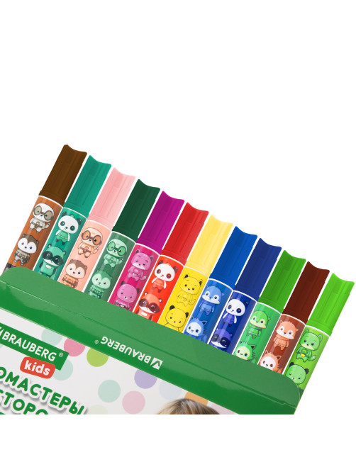Фломастеры двусторонние толстые для малышей ультрасмываемые 12 штук / 24 цвета, BRAUBERG KIDS, 152626