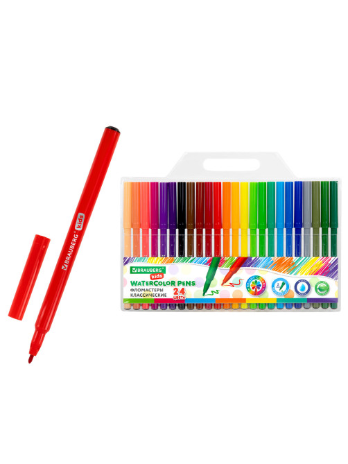 Фломастеры BRAUBERG KIDS КЛАССИЧЕСКИЕ 24 цвета, вентилируемый колпачок, ПВХ-упаковка, 152602