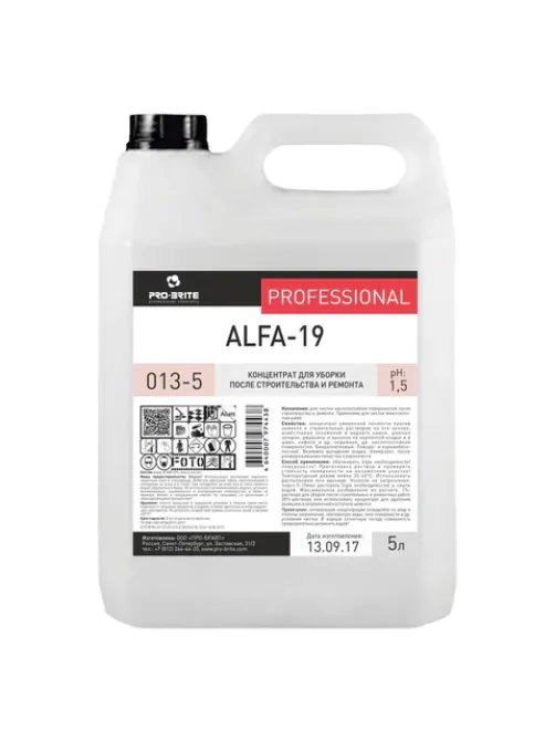 Средство для уборки после строительства 5 л, PRO-BRITE ALFA-19, кислотное, концентрат, 013-5