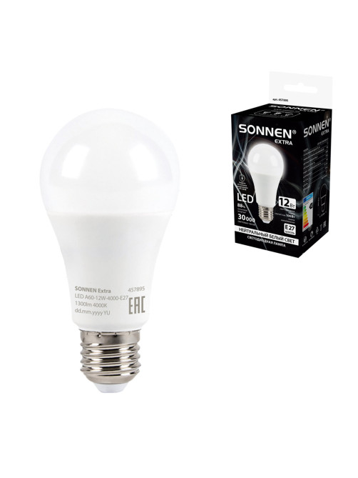 Лампа светодиодная SONNEN EXTRA, 12 (100) Вт, Е27, груша, нейтральный белый, 30000 ч, LED A60-12W-4000-Е27, 457895