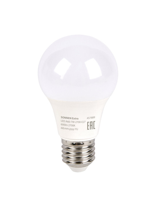 Лампа светодиодная SONNEN EXTRA, 7 (60) Вт, Е27, груша, теплый белый, 30000 ч, LED A60-7W-2700-Е27, 457889