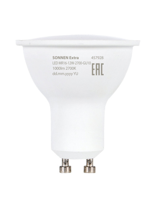 Лампа светодиодная SONNEN EXTRA, 12 (110) Вт, GU10, софит, теплый белый, 30000 ч, LED MR16-GU10-12W-2700, 457928