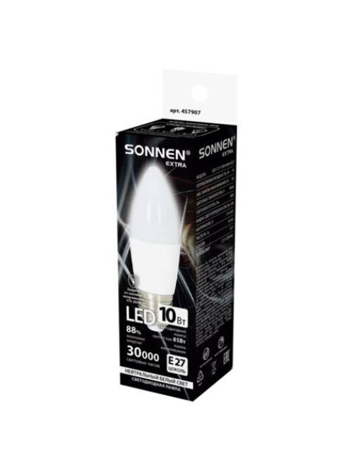 Лампа светодиодная SONNEN EXTRA, 10 (85) Вт, Е27, свеча, нейтральный белый, 30000 ч, LED C37-10W-4000-Е27, 457907