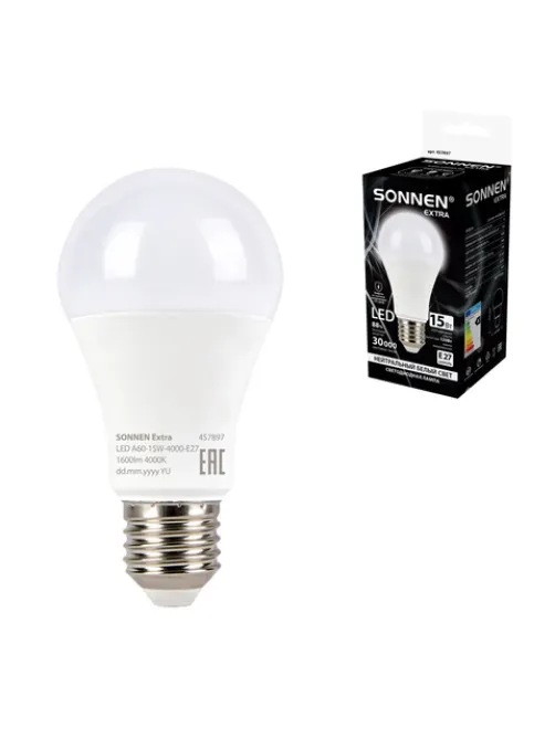 Лампа светодиодная SONNEN EXTRA, 15 (130) Вт, Е27, груша, нейтральный белый, 30000 ч, LED A60-15W-4000-Е27, 457897