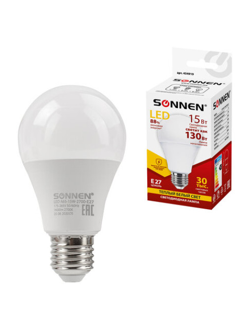 Лампа светодиодная SONNEN, 15 (130) Вт, цоколь Е27, груша, теплый белый, 30000 ч, LED A65-15W-2700-E27, 454919