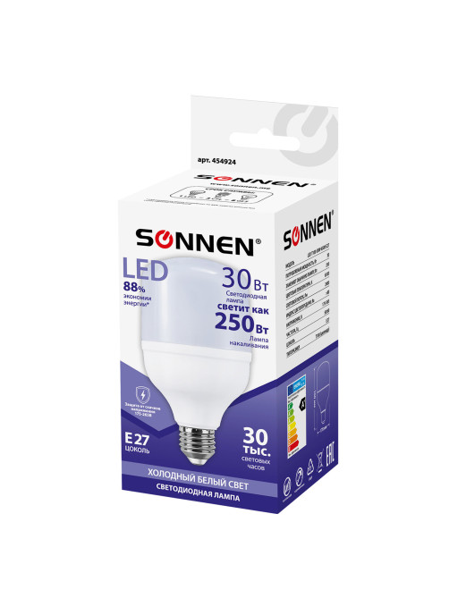 Лампа светодиодная SONNEN, 30 (250) Вт, цоколь Е27, цилиндр, холодный белый, 30000 ч, LED Т100-30W-6500-E27, 454924