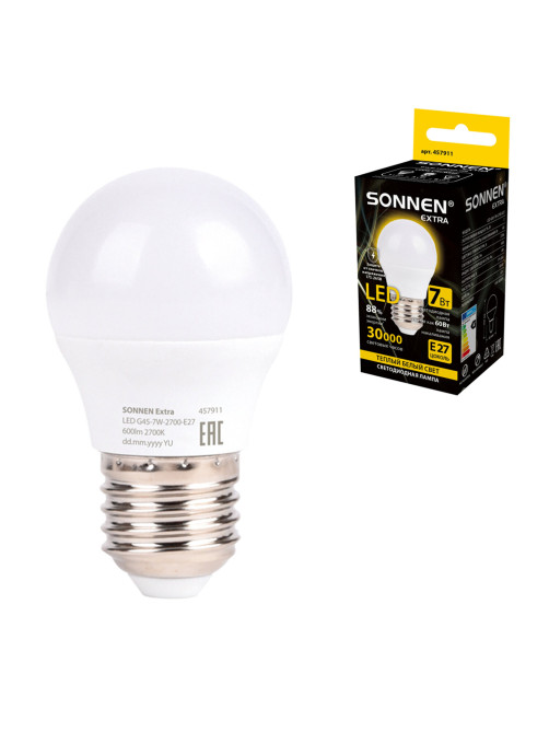 Лампа светодиодная SONNEN EXTRA, 7 (60) Вт, E27, шар, теплый белый, 30000 ч, LED G45-7W-2700-Е27, 457911