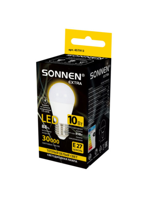 Лампа светодиодная SONNEN EXTRA, 10 (85) Вт, E27, шар, теплый белый, 30000 ч, LED G45-10W-2700-Е27, 457913