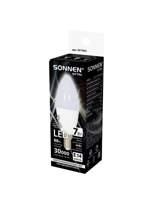 Лампа светодиодная SONNEN EXTRA, 7 (60) Вт, Е14, свеча, нейтральный белый, 30000 ч, LED C37-7W-4000-Е14, 457903