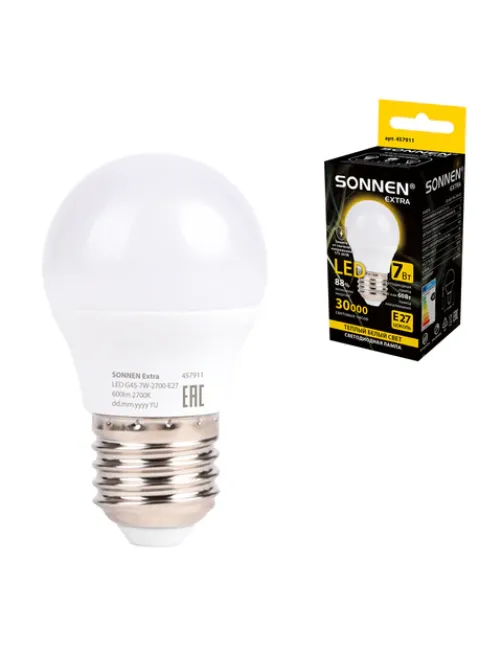 Лампа светодиодная SONNEN EXTRA, 7 (60) Вт, E27, шар, теплый белый, 30000 ч, LED G45-7W-2700-Е27, 457911