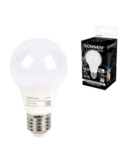 Лампа светодиодная SONNEN EXTRA, 10 (85) Вт, Е27, груша, нейтральный белый, 30000 ч, LED A60-10W-4000-Е27, 457892