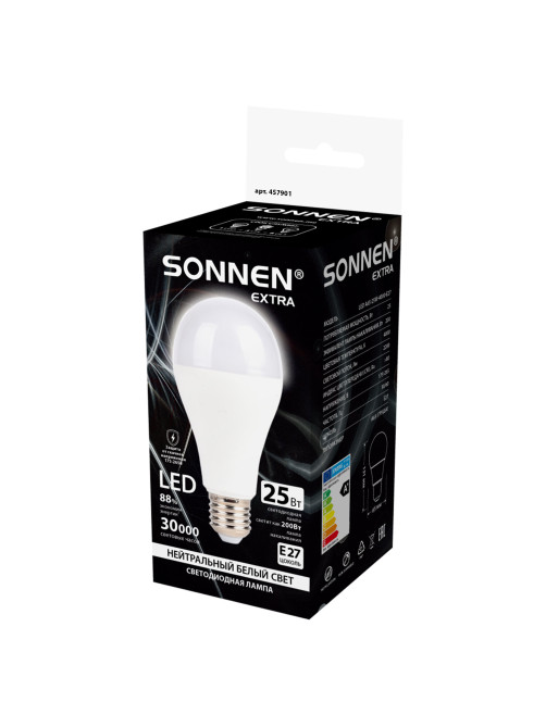 Лампа светодиодная SONNEN EXTRA, 25 (200) Вт, Е27, груша, нейтральный белый, 30000 ч, LED A65-25W-4000-Е27, 457901