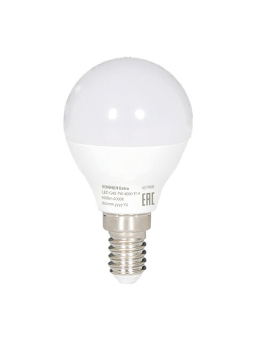 Лампа светодиодная SONNEN EXTRA, 7 (60) Вт, E14, шар, нейтральный белый, 30000 ч, LED G45-7W-4000-Е14, 457908