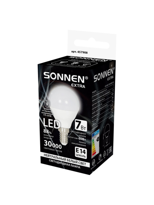 Лампа светодиодная SONNEN EXTRA, 7 (60) Вт, E14, шар, нейтральный белый, 30000 ч, LED G45-7W-4000-Е14, 457908