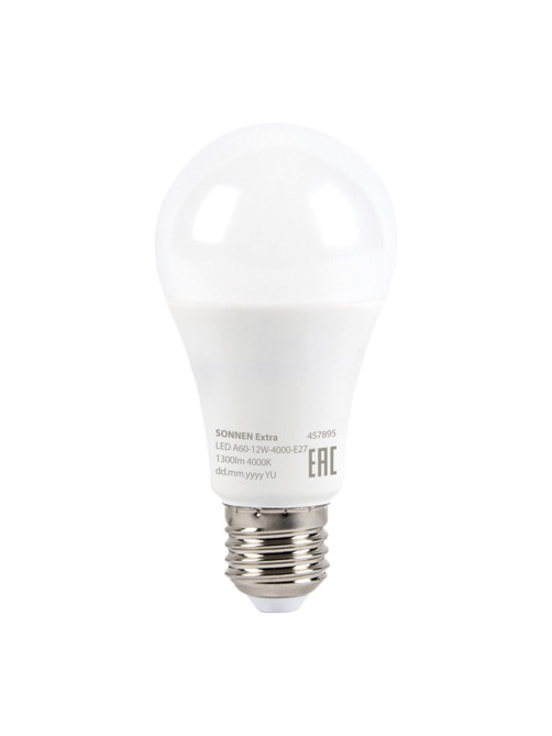Лампа светодиодная SONNEN EXTRA, 12 (100) Вт, Е27, груша, нейтральный белый, 30000 ч, LED A60-12W-4000-Е27, 457895