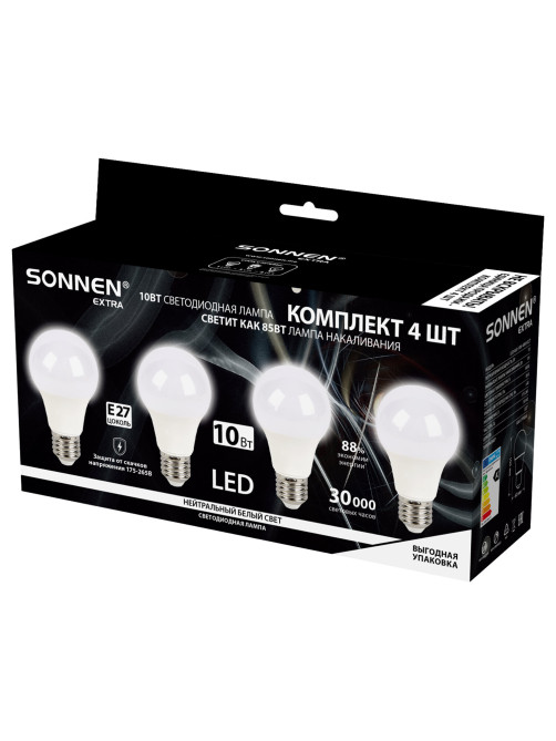 Лампа светодиодная SONNEN EXTRA, 10 (85) Вт, КОМПЛЕКТ 4 шт., Е27, нейтральный белый, 30000 ч, LED A60-10W-4000-Е27, 457893