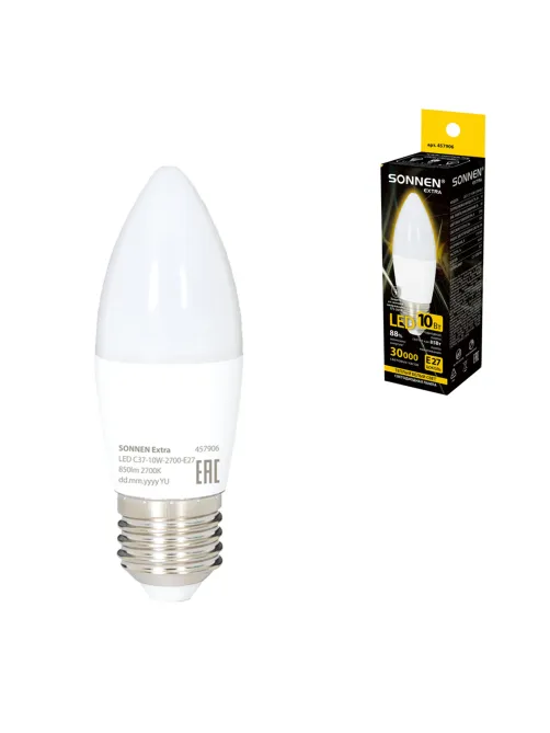 Лампа светодиодная SONNEN EXTRA, 10 (85) Вт, Е27, свеча, теплый белый, 30000 ч, LED C37-10W-2700-Е27, 457906
