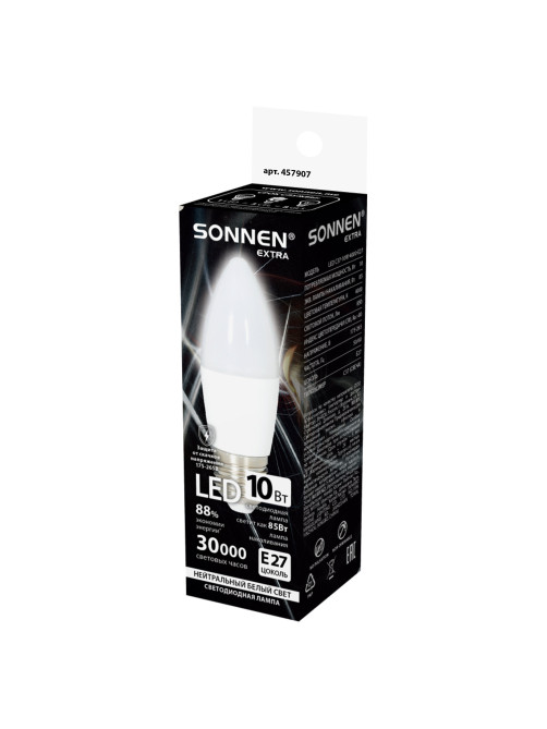 Лампа светодиодная SONNEN EXTRA, 10 (85) Вт, Е27, свеча, нейтральный белый, 30000 ч, LED C37-10W-4000-Е27, 457907