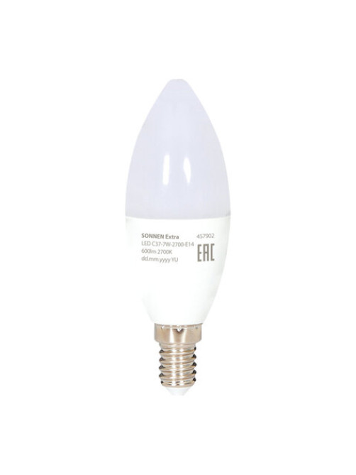 Лампа светодиодная SONNEN EXTRA, 7 (60) Вт, Е14, свеча, теплый белый, 30000 ч, LED C37-7W-2700-Е14, 457902