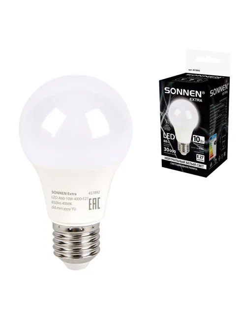 Лампа светодиодная SONNEN EXTRA, 10 (85) Вт, Е27, груша, нейтральный белый, 30000 ч, LED A60-10W-4000-Е27, 457892