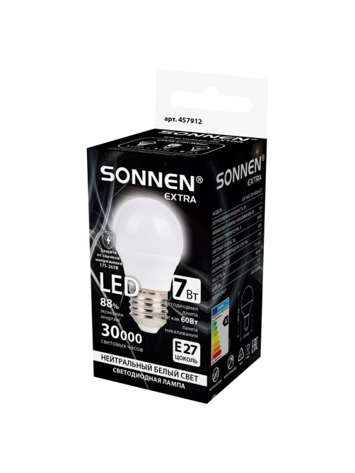 Лампа светодиодная SONNEN EXTRA, 7 (60) Вт, E27, шар, нейтральный белый, 30000 ч, LED G45-7W-4000-Е27, 457912
