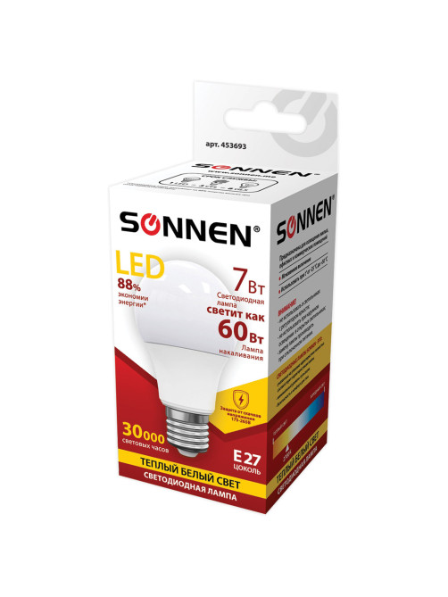 Лампа светодиодная SONNEN, 7 (60) Вт, цоколь E27, груша, теплый белый свет, 30000 ч, LED A55-7W-2700-E27, 453693