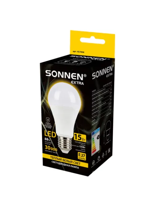Лампа светодиодная SONNEN EXTRA, 15 (130) Вт, Е27, груша, теплый белый, 30000 ч, LED A60-15W-2700-Е27, 457896