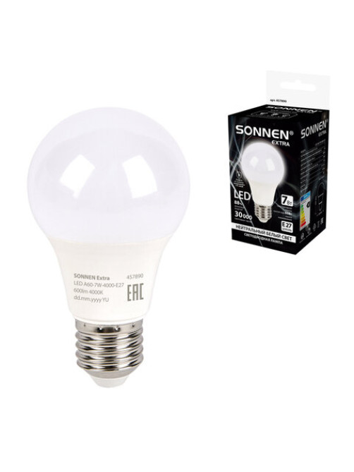Лампа светодиодная SONNEN EXTRA, 7 (60) Вт, Е27, груша, нейтральный белый, 30000 ч, LED A60-7W-4000-Е27, 457890